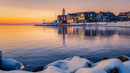 A peaceful winter evening in the charming town of Urk, Netherlands, showcases colorful buildings along the shoreline. Soft pastel hues reflect on the calm waters as the sun sets by the lighthouse