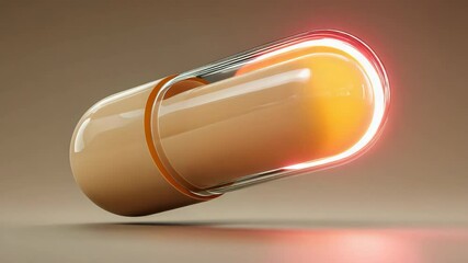 A glowing, futuristic pill capsule floats against a neutral background with a radiant light ring at its center. - Powered by Adobe