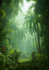 Detailed Illustration Of A Lush Green Jungle With Palm Trees And Sunlight