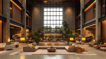 Grand lobby with concrete columns, plush seating, plants, and large window