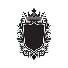 Black and white silhouette of a decorative ornamental emblem, royal vintage crest shield, crown heraldry victorian elegant luxury frame vector illustration isolated on a white background