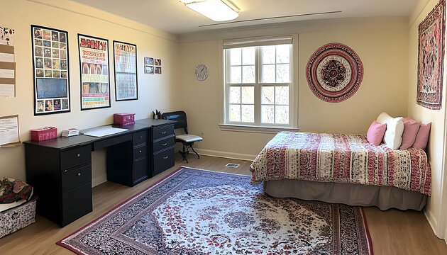 Eclectic bedroom featuring a dark desk, patterned rug, and manda