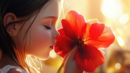 Naklejka premium A very beautiful red flower, and a little girl holding it, looked down and smelled the flower.realistic style, natural lighting.