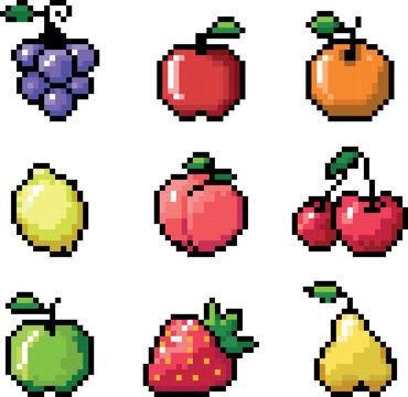 Colorful pixel art fruits. Icons of apple, orange, lemon, cherry, pear, grape, strawberry. Digital food illustrations perfect for game design, mobille apps, stickers, and web design