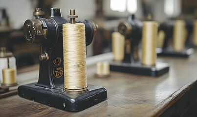 Vintage Sewing Machine with Golden Thread Spool on Weathered Woo