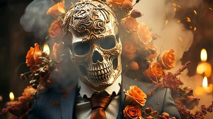 Day of the dead skull in suit with orange rose flowers