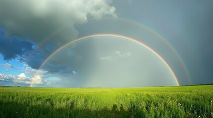 Naklejka premium Rainbow over Meadow After Rain, 3D illustration