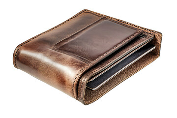 A close up shot of a brown leather wallet with cards visible against a white background surface