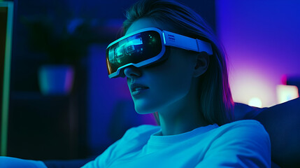 Woman Wearing VR Headset in Blue Purple Neon Lit Room