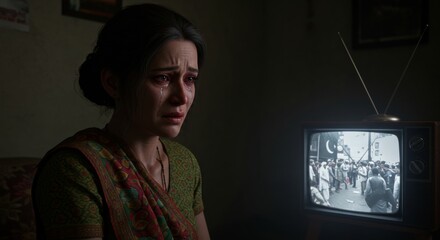 Distressed woman watching historical turmoil unfold on television set in darkened room