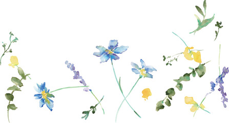 水彩画。水彩タッチの草木と花のナチュラルフレーム。草木のベクターイラスト。Watercolor painting. Natural frame of plants, trees and flowers with watercolor touch. Vector illustration of plants and trees.
