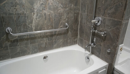 Modern Bathroom with Elegant Stone Tile and Clean White Bathtub, Featuring Grab Bars and Sophisticated Fixtures for Safety and Style