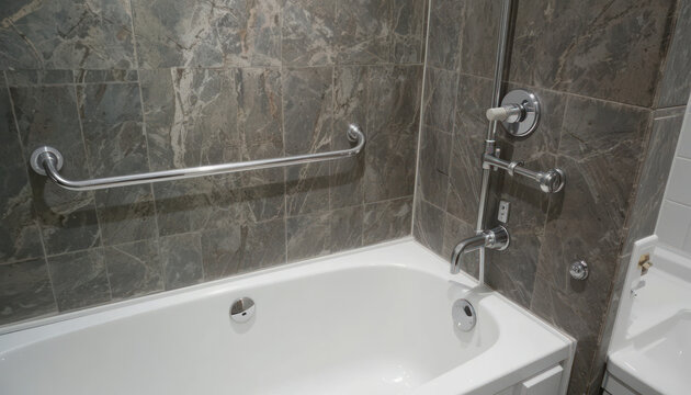 Modern Bathroom with Elegant Stone Tile and Clean White Bathtub, Featuring Grab Bars and Sophisticated Fixtures for Safety and Style