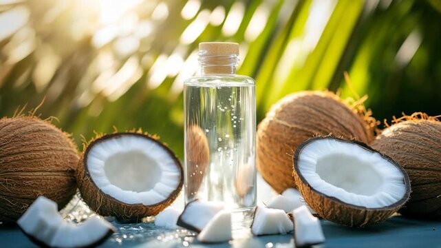 A bottle of coconut oil sits on a table with a half-eaten coconut and some coconut flakes