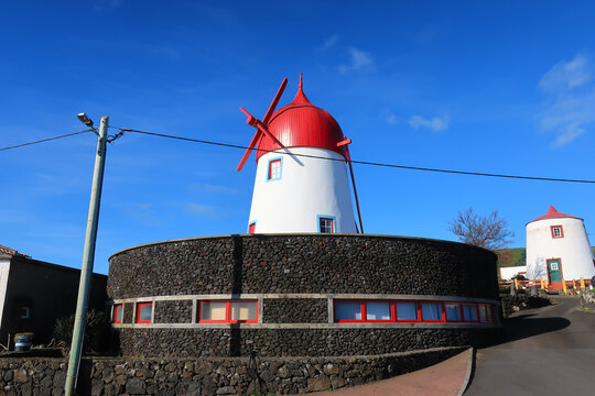 Moinho das Fontes, Graciosa Island, Portugal. the only visitable mill on the island. Built with a tall stone cone trunk