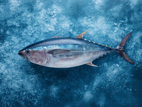 A whole tuna fish on crushed ice with glistening skin, isolated ocean blue background, dramatic top-down shot for premium seafood campaign - Powered by Adobe