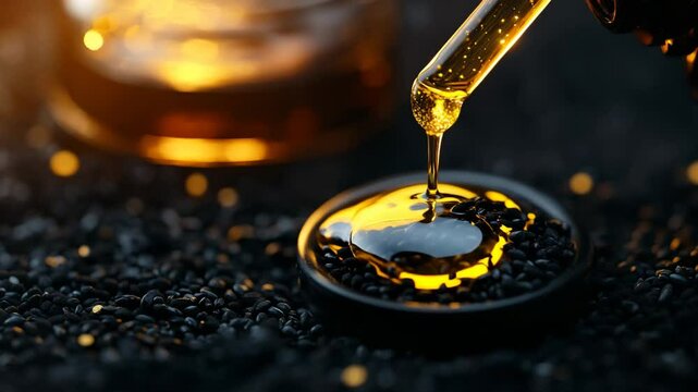 A bottle of oil is poured into a container. The oil is yellow and the container is black