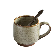 Stylish Ceramic Mug with Teaspoon on White Background