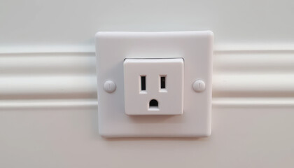 White Electrical Outlet with Two Slots and One Grounding Hole on Smooth Wall Background in Modern Interior Design