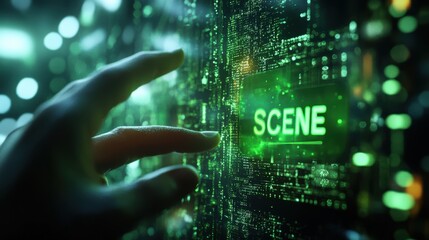 Hand Interacting with Glowing Green Digital Scene