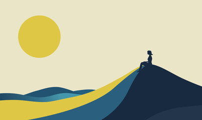 Woman People Silhouette Sitting Loneliness on Dune Top Desert Landscape with Sun in the Sky