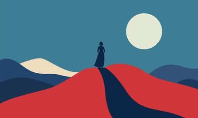 Woman People Silhouette Standing Loneliness on Dune Top Desert Landscape with Full Moon in Night Sky