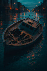 Fototapeta premium Abandoned Wooden Boat in Flooded City, High-Resolution Urban Scene