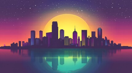 Fototapeta premium Vibrant city skyline at sunset reflected in calm water, under a large yellow sun and starry night sky.