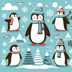 Illustration set of penguins with activities