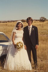 vintage wedding portrait photo of australian bride and groom in field with old car, 1970s faded color film	
