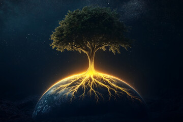 tree with roots connecting to earth