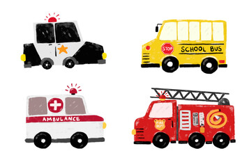 Cute set community rescue team emergency vehicles transportation road street crayon kids doodle crayon watercolour illustration police car school bus ambulance fire truck engine nursery © doodlyanddeva