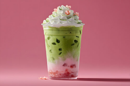 iced matcha strawberry latte in takeaway cup. pink-green milk layer drink. topped with whipped cream. romantic valentine lover drink