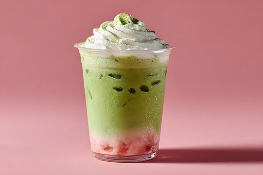  iced matcha strawberry latte in takeaway cup. pink-green milk layer drink. topped with whipped cream. on pastel pink background