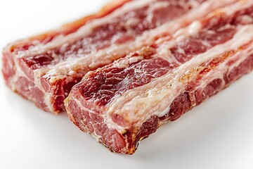 Obraz premium cooked strips of bacon, featuring a mix of red meat and white fat, isolated against a plain white background