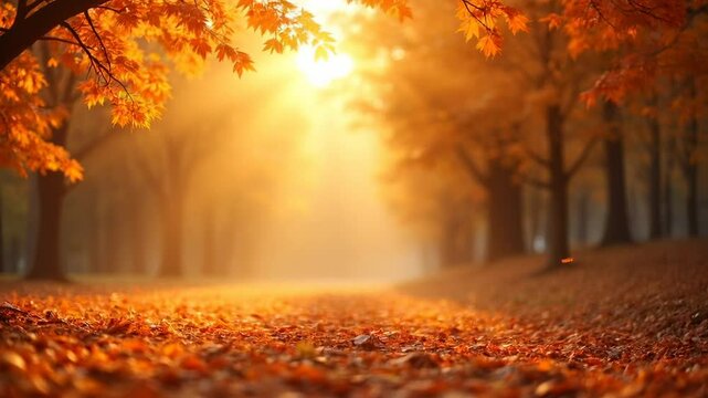 Beautiful glowing autumn path with leaves falling Autumn frame with copy space slow zoom in