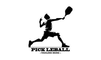 pickleball logo vector graphic and vector silhouette of a pickleball player serving with white background