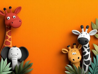 Whimsical doodle inspired animal figures on a bold orange background