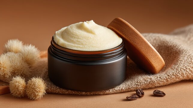 Close-up of a jar of luxurious shea butter on a beige background, ideal for beauty and wellness promotions