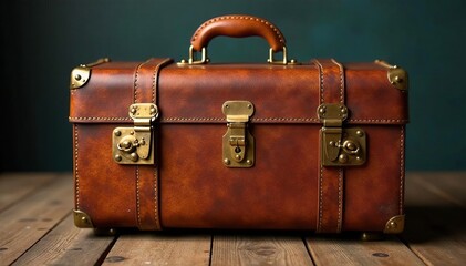 Worn leather suitcase, vintage brass hardware, brown, adventure