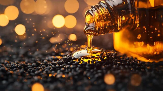 A bottle of oil is poured into a container. The oil is yellow and the container is black