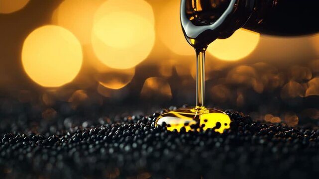 A bottle of oil is poured into a container. The oil is yellow and the container is black