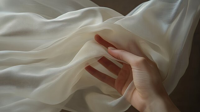 Hand gently holds flowing, semi-transparent, soft white fabric with subtle texture