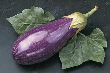 Striped eggplant, or aubergine, lies near leafy greens on a dark surface. Illustrate cooking recipes and healthy vegetable options for dietary nutrition.