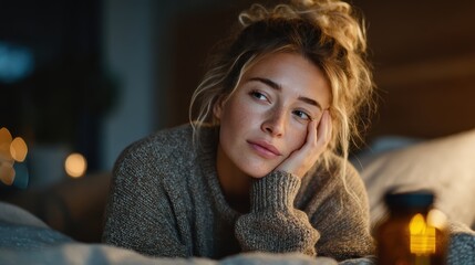 Tired young woman with insomnia medication on a bedside table, struggling to sleep in the peaceful evening at home