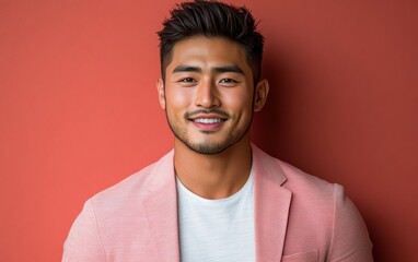 Obraz premium young vogue confident smiling man with short hair, wearing a light solid color blazer, standing against color background