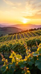 Scenic vineyard landscape at sunset with hills in background. Rows of grapevines stretch to horizon. Italy wine country estate. Agricultural tourism concept