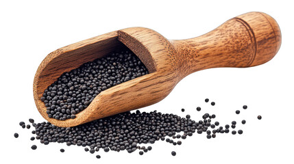 Black mustard seeds in wooden scoop, close-up. Food ingredient