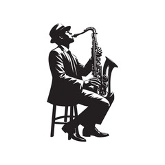 Naklejka premium Black and white silhouette of Saxophone Player jazz man vector illustration isolated on a white background