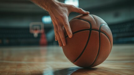Hand grips a basketball on a polished indoor court with a hoop in background